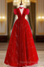 Burgundy A-Line Tulle Sequin Long Prom Dress, Burgundy Formal Dress