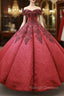 Burgundy Ball Gown Lace Off the Shoulder Appliques Beading Prom Dress