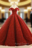 Burgundy Ball Gowns Off The Shoulder Appliques Wedding Dress