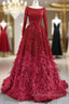 Burgundy Ball Gown Sequins Long Sleeve Feather Prom Dress