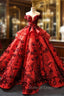 Burgundy Ball Gown Sequins Off the Shoulder 3D Flower Haute Couture Prom Dress