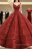 Burgundy Ball Gowns Sequins Straps Backless Wedding Dress