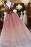 Burgundy Gradient Tulle Long Evening Dress, A-Line V-Neck Graduation Party Dress