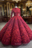 Burgundy High Neck Long Sleeve Appliques Prom Dress