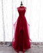 Burgundy High Neck Tulle Sequin Beads Long Prom Dresses