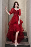 Burgundy Lace High Low Prom Dresses A-Line 1/2 Sleeve Prom Dresses