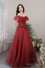 Burgundy Lace Long A-Line Prom Dresses Off The Shoulder Prom Dresses