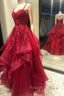 Burgundy Lace Tulle Layers Long Prom Dress, A Line Prom Prom Dress
