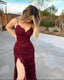 Burgundy Long Mermaid Prom Dresses,Leg Split Formal Prom Dress