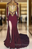 Burgundy mermaid High Neck Long Sleeve Appliques Prom Dress