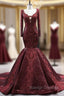 Burgundy Mermaid Long Sleeve V Neck Appliques Prom Dress