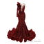 Burgundy Mermaid One Sleeve Prom Dresses Sequined Lace Jewel Ruffles Prom Prom Dress with Appliques