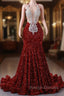 Burgundy Mermaid Sequins Appliques Backless Prom Dress