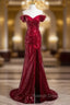 Burgundy Mermaid Sequins Pleats Split Prom Dress