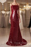 Burgundy Mermaid Sequins Spaghetti Straps Prom Dress