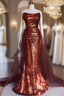 Burgundy Mermaid Sequins Strapless Pleats Prom Dress