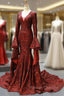 Burgundy Mermaid Sequins V Neck Flare Sleeve Backless Prom Dress