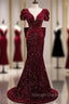 Burgundy Mermaid Sequins V Neck Prom Dress With Bow