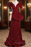 Burgundy Mermaid Sequins V Neck Prom Dress