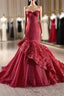 Burgundy Mermaid Strapless Tiers Prom Dress