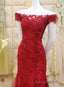 Burgundy Mermaid Tulle Prom Gowns with Lace Applique, Off Shoulder Prom Dress