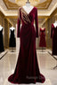 Burgundy Mermaid Velvet Long Sleeve Beading Prom Dress