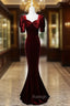 Burgundy Mermaid Velvet Short Sleeve Bow Prom Dress