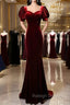 Burgundy Mermaid Velvet Short Sleeve Prom Dress