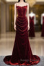 Burgundy Mermaid Velvet Spaghetti Straps Flower Prom Dress