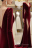Burgundy Muslim Prom Dress Mermaid V-Neck Long Sleeves Velvet Slit Islamic Dubai Saudi Arabic Long Prom Gown