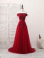 Burgundy Off Shoulder Tulle Lace Applique Long Prom Dress, Prom Dress