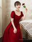 Burgundy Prom Dresses Short Sleeve Midi Dresses Satin Homcoming Dresses