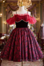 Burgundy Print Spaghetti Straps Homecoming Dress