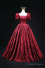Burgundy Printed Long A-Line Prom Dress, A-Line Short Sleeve Formal Evening Dress
