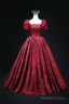 Burgundy Printed Long A-Line Prom Dresses A-Line Short Sleeve Prom Dresses