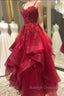 Burgundy Prom Dresses, A-line V Neck Spaghetti Straps Long/Floor-Length Lace Prom Dress With Beading