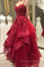 Burgundy Prom Dresses, A Line V Neck Spaghetti Straps Long Dress Floor Length Lace Prom Dress With Beading