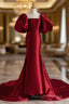 Burgundy Puff Sleeves Satin Burgundy Long Prom Dress, Burgundy Long Formal Dress