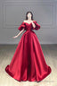 Burgundy Puffy Short Sleeve Satin Prom Dress, Burgundy V-Neck A-Line Evening Dress