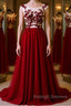 Burgundy round neck tulle lace long prom Dresses bridesmaid Dresses