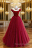 Burgundy Round Neck Tulle Lace Long Prom Dress, Burgundy Evening Dress