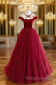Burgundy Round Neck Tulle Lace Long Prom Dresses Burgundy Prom Dresses