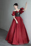 Burgundy Satin And Black Lace Floor Length Prom Dresses Off The Shoulder Prom Dresses