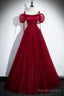 Burgundy Satin And Shiny Tulle Floor Length Prom Dress, A-Line Formal Evening Dress