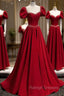 Burgundy Satin Beads Long Prom Dresses, Burgundy Long Formal Dresses