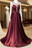 Burgundy Satin Cross Straps Long A Line Prom Dress