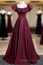 Burgundy Satin Floor Length Prom Dress, Simple A-Line Evening Party Dress