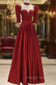 Burgundy Satin High Neck Long Prom Dress, Burgundy A-Line Evening Party Dress