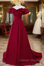 Burgundy Satin Long Prom Dress, A Line Off Shoulder Prom Prom Dress
