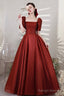 Burgundy Satin Long Prom Dress A-Line Short Sleeve Prom Dress